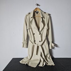Womens Medium Faux Suede Tan Trench Coat Belted PolyesterWindbreaker Flaps